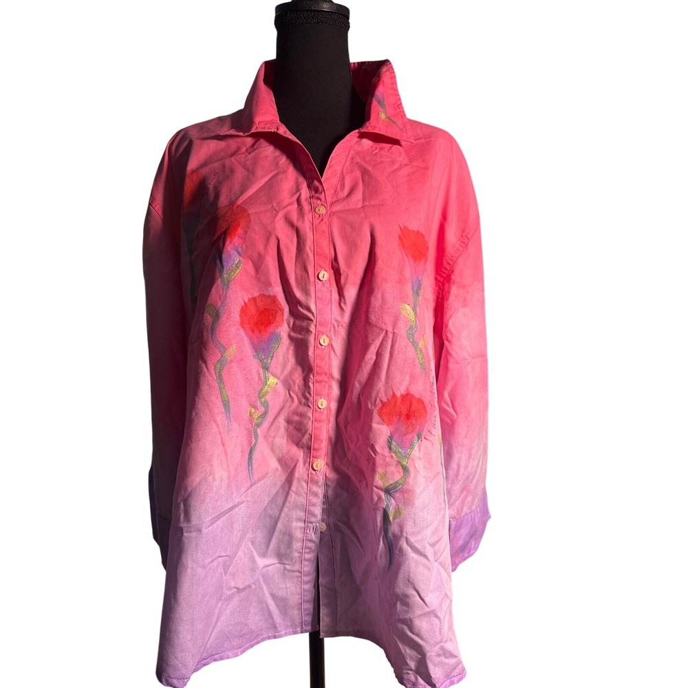 j. Painter Maui Hawaii Hand Painted Pink Ombre Floral Button Dwn Shirt 1X Womens